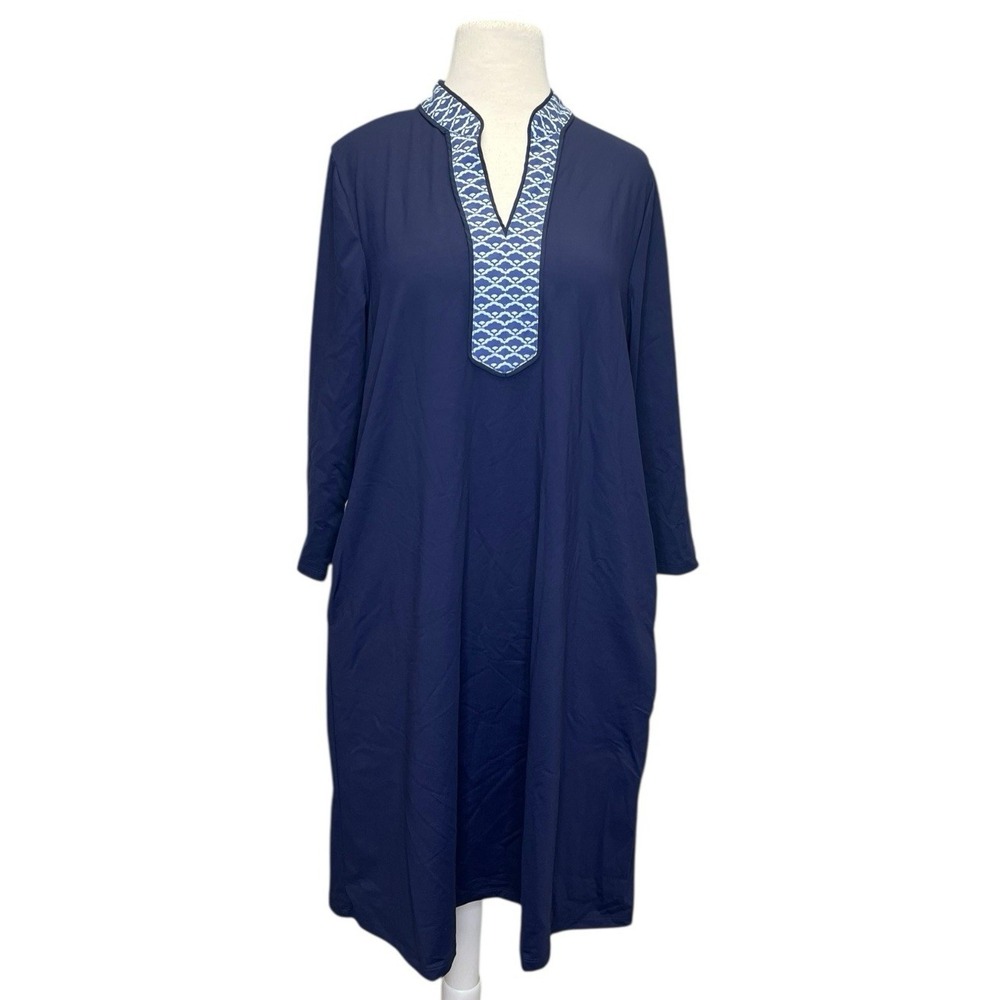 J McLaughlin Carmine Dress Large Catalina Cloth Navy Nautical Split Neck Resort